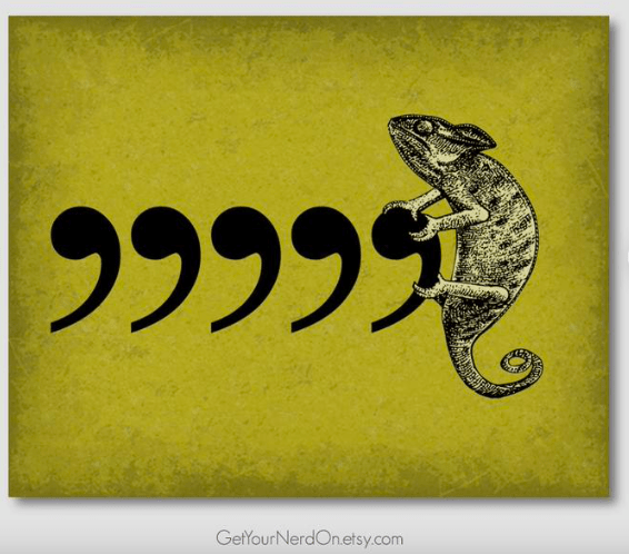 a wall sign with 5 commas and a chameleon on it