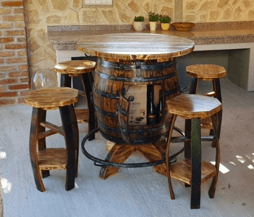 table and chairs made from old oak wine barrels