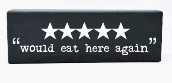 a decorative sign with 5 stars on it that says below the stars " would eat here again"