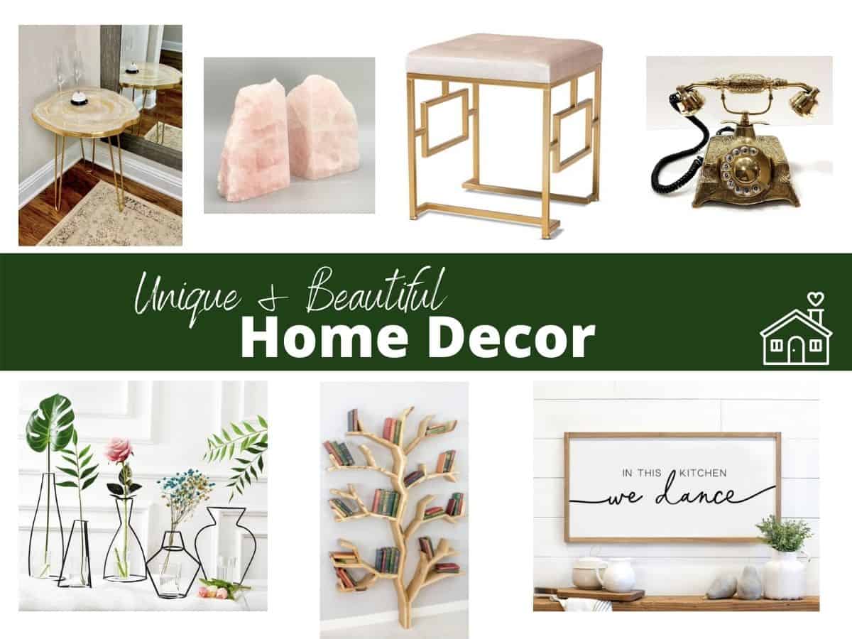 collage of different home decor items with text overlay that reads unique and beautiful home decor