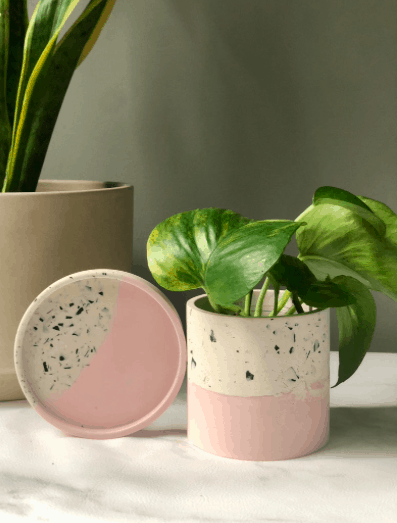 2 tone pink and terrazzo planter with drainage hole