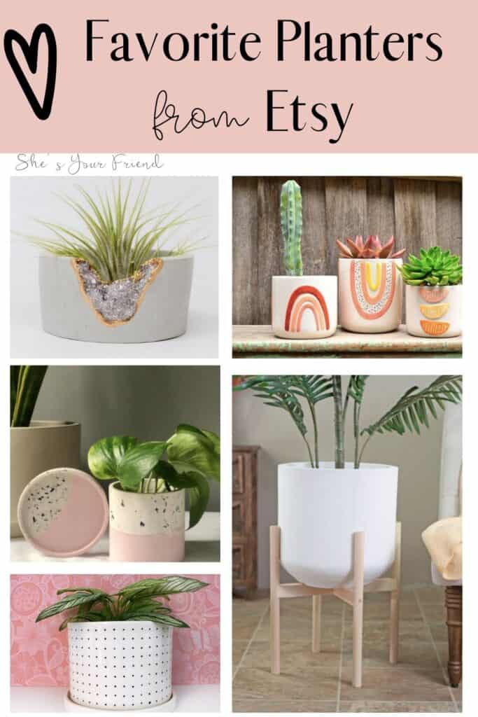 5 different garden planters with text overlay that reads favorite planters from etsy