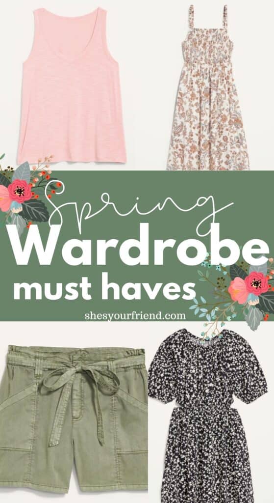 collage of four different items including a tank top two dresses and shorts and text overlay that reads spring wardrobe must haves