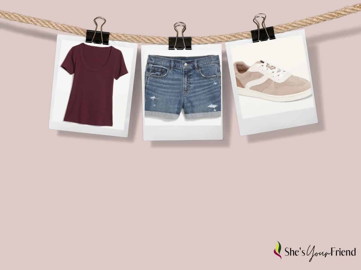 a collage of images showing a scoop neck tee jean shorts and sneakers