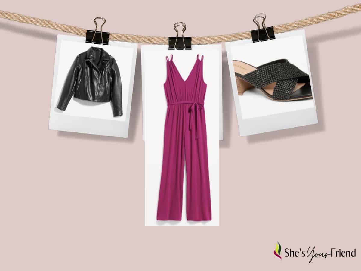 collage of images showing a biker jacket a romper and a pair of heels