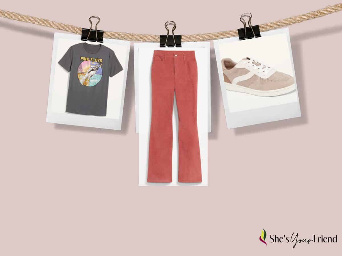 collage of images showing a graphic tee high waisted corduroy pants and sneakers