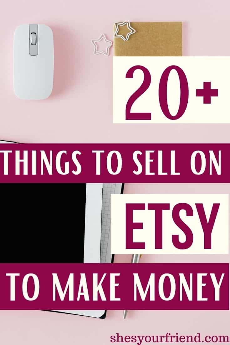 a pink desk with a computer and a mouse and text overlay that reads twenty plus things to sell on etsy to make money