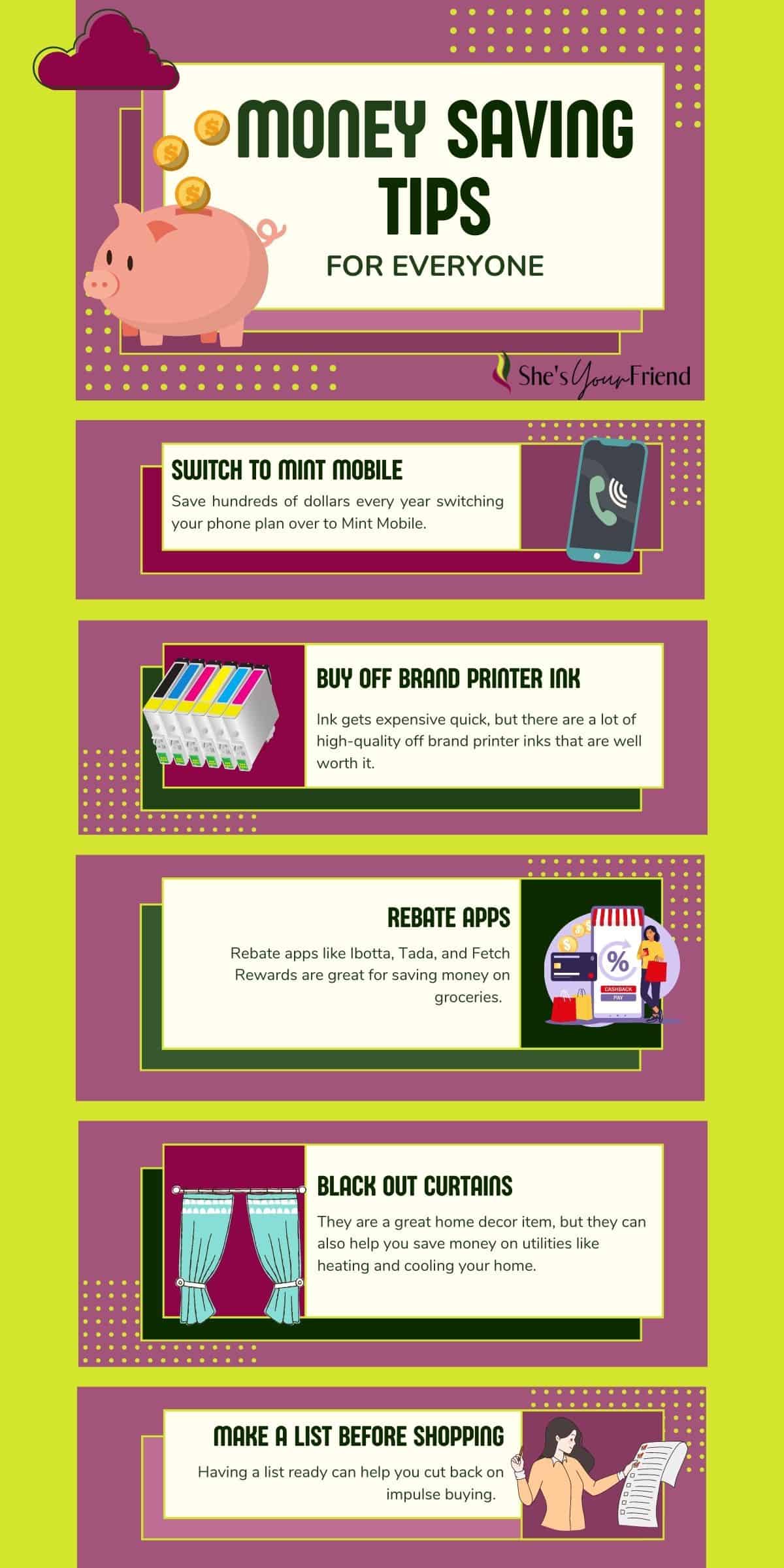 infographic showing money saving tips including switch to mint mobile buy off brand printer ink rebate apps black out curtains and make a list before shopping