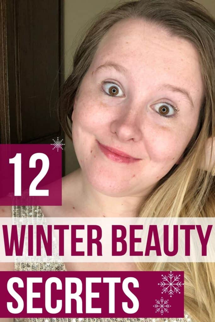 a stylish woman with text overlay that reads twelve winter beauty secrets