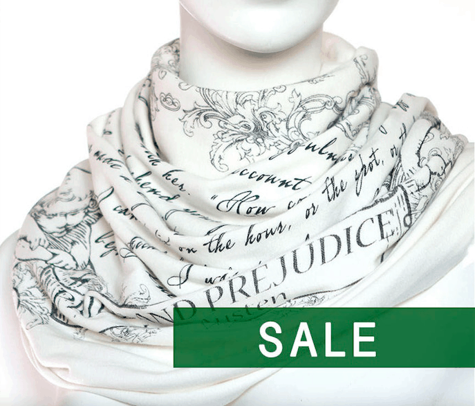 a scarf with pride and prejudice book phrase.