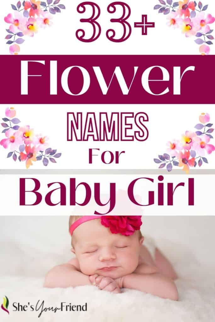 a baby girl with text overlay that reads thirty three plus flower names for baby girl