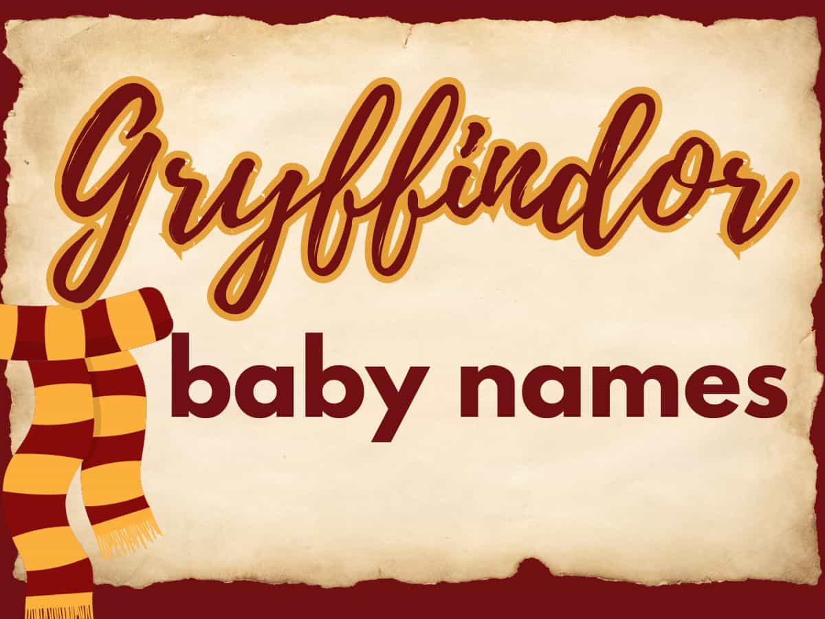 parchment that says Gryffindor baby names with a red and gold scarf