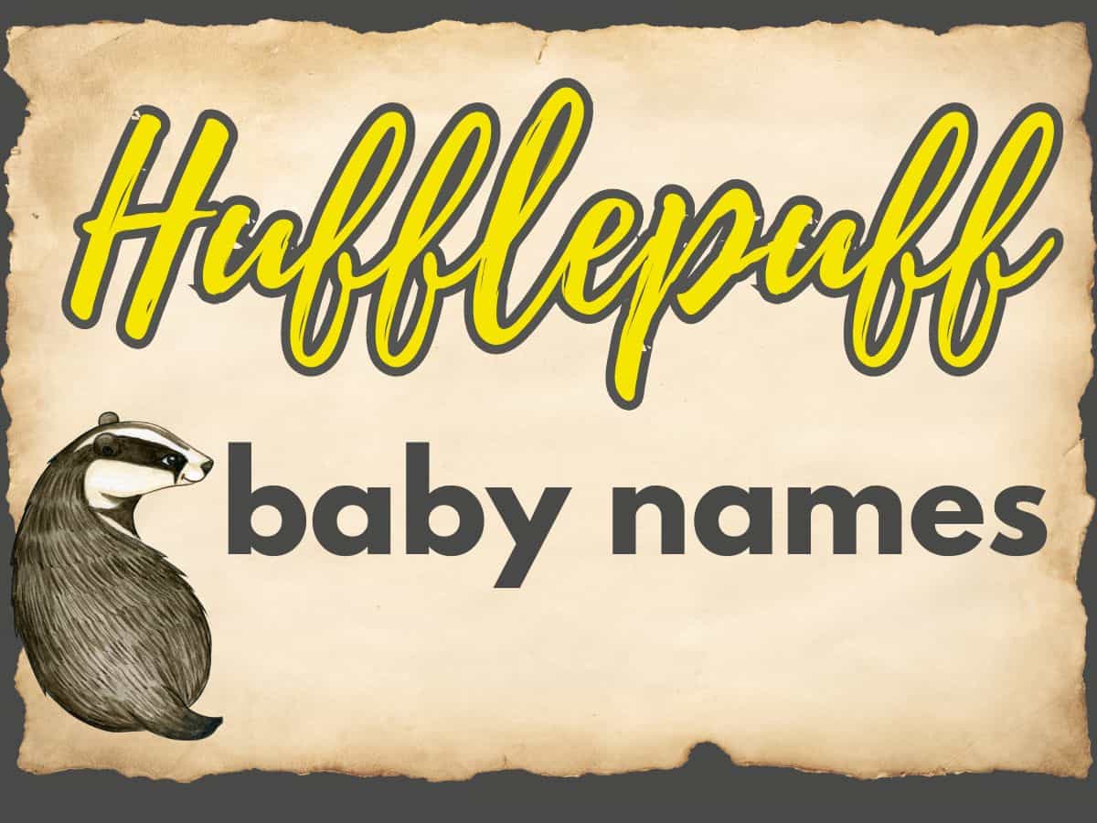 parchment that reads Hufflepuff baby names with a badger