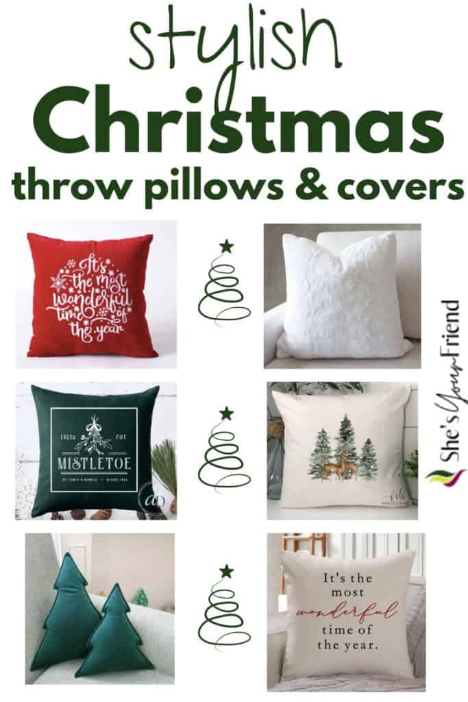 six throw pillows with text overlay that reads stylish Christmas throw pillows and covers