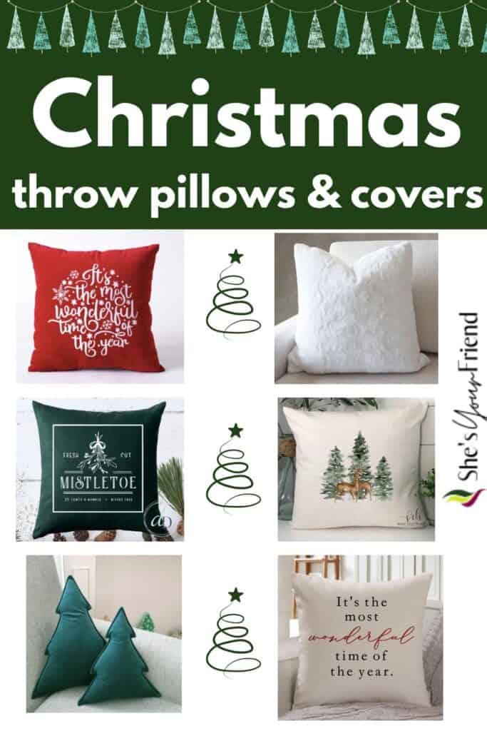 collage of different Christmas throw pillows with text overlay that reads Christmas throw pillows and covers