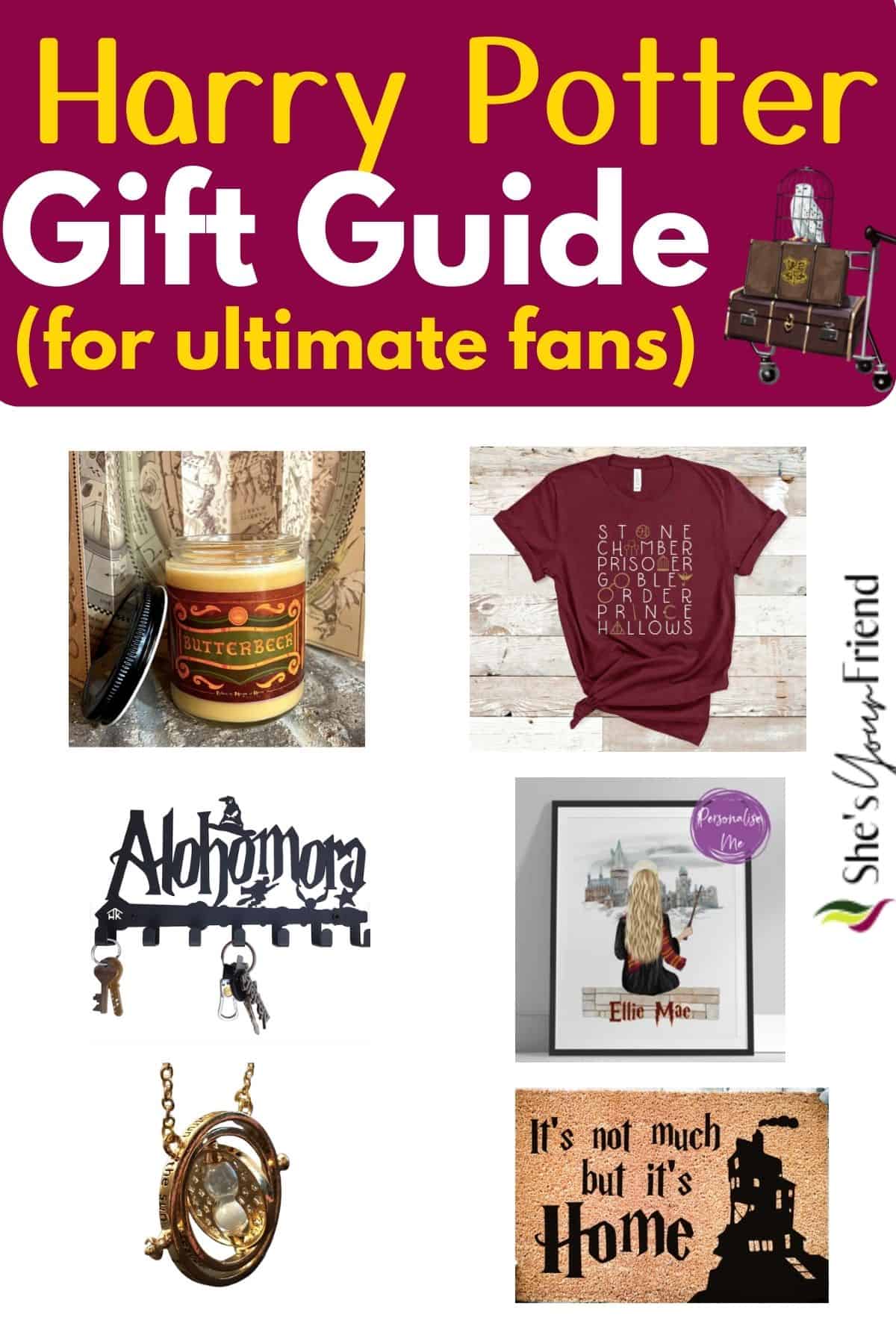 collage of six different gift ideas with text overlay that reads harry potter gift guide for ultimate fans