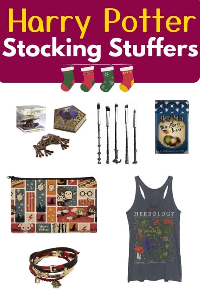 collage of tank top makeup brushes chocolate frog jelly beans makeup bag and bracelets with text overlay that reads harry potter stocking stuffers