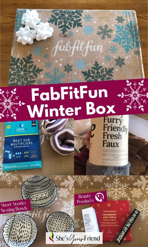 collage of photos showing whats included in the fabfitfun winter box including beauty products, a blanket, bowls, and health products