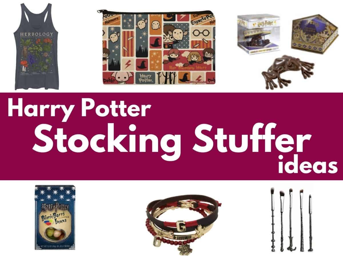 collage of tank top makeup brushes chocolate frog jelly beans makeup bag and bracelets with text overlay that reads harry potter stocking stuffer ideas