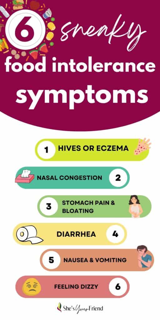 an infographic showing six sneak food intolerance symptoms including hives or eczema nasal congestion stomach pain and bloating diarrhea nausea and vomiting and feeling dizzy