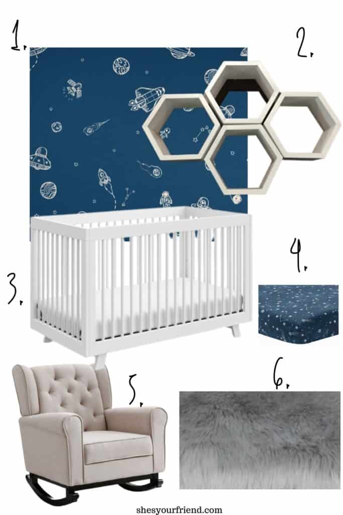 furniture and decor for a space themed nursery including wallpaper crib and rocker