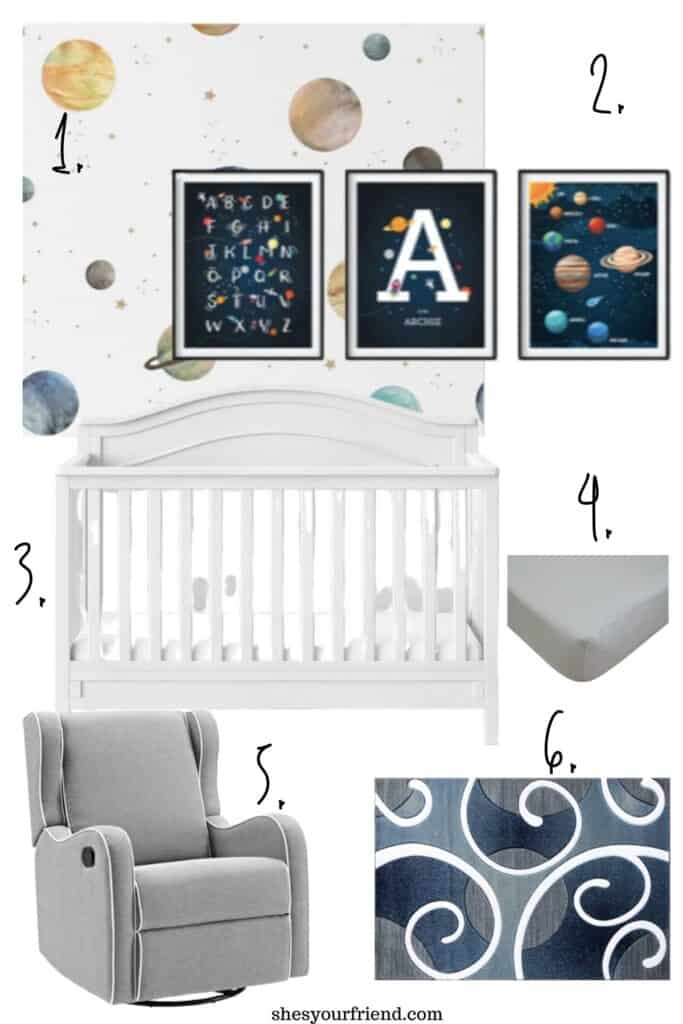 collage of items for a spaced themed nursery with a crib, rocker, wallpaper, art, and a rug