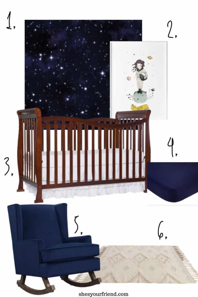 collage of different furniture and decor for a space nursery