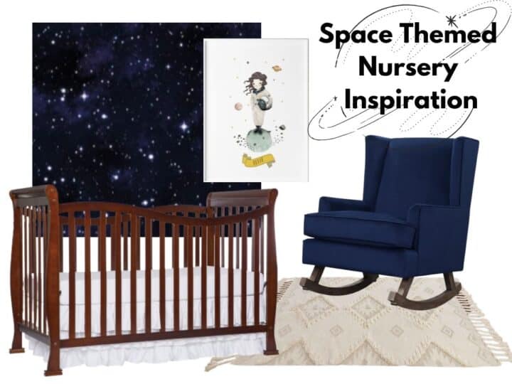collage of baby nursery items with text overlay that reads space themed nursery inspiration