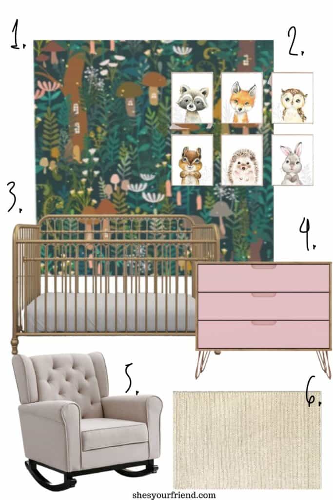 collage of wallpaper crib dresser recliner and rug