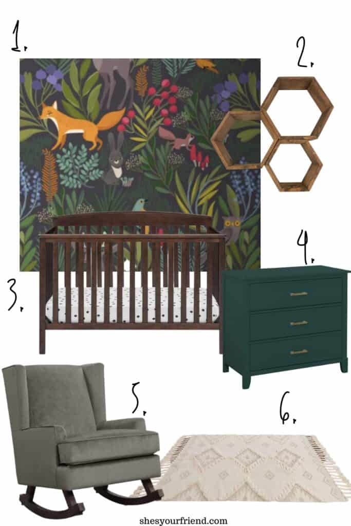 collage of nursery furniture like a crib dresser and rocker and also some wall paper and an area rug