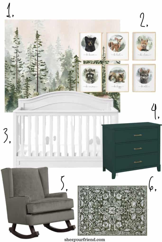 collage of baby nursery items for a woodland forest theme