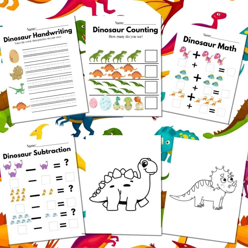 six printable kindergarten worksheets on a dinosaur background