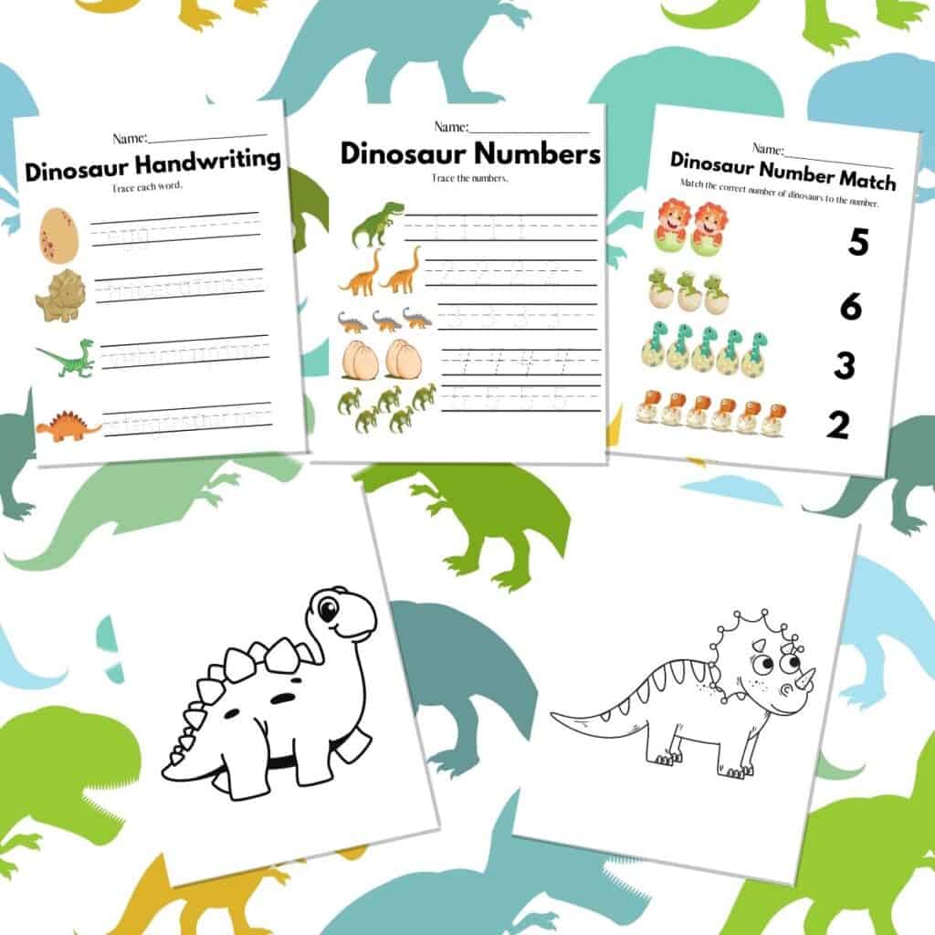 five printable worksheets on a dinosaur background