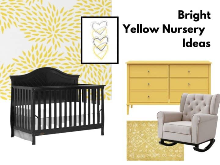 collage of yellow nursery room furniture crib dresser glider wallpaper and art