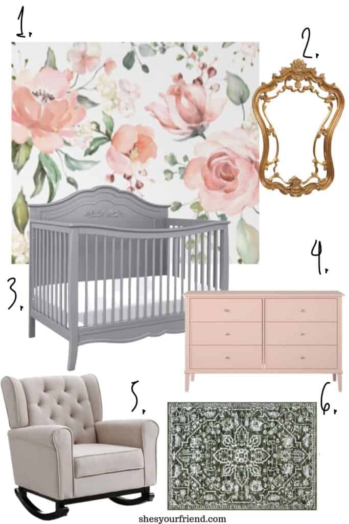 collage of nursery items for a princess theme