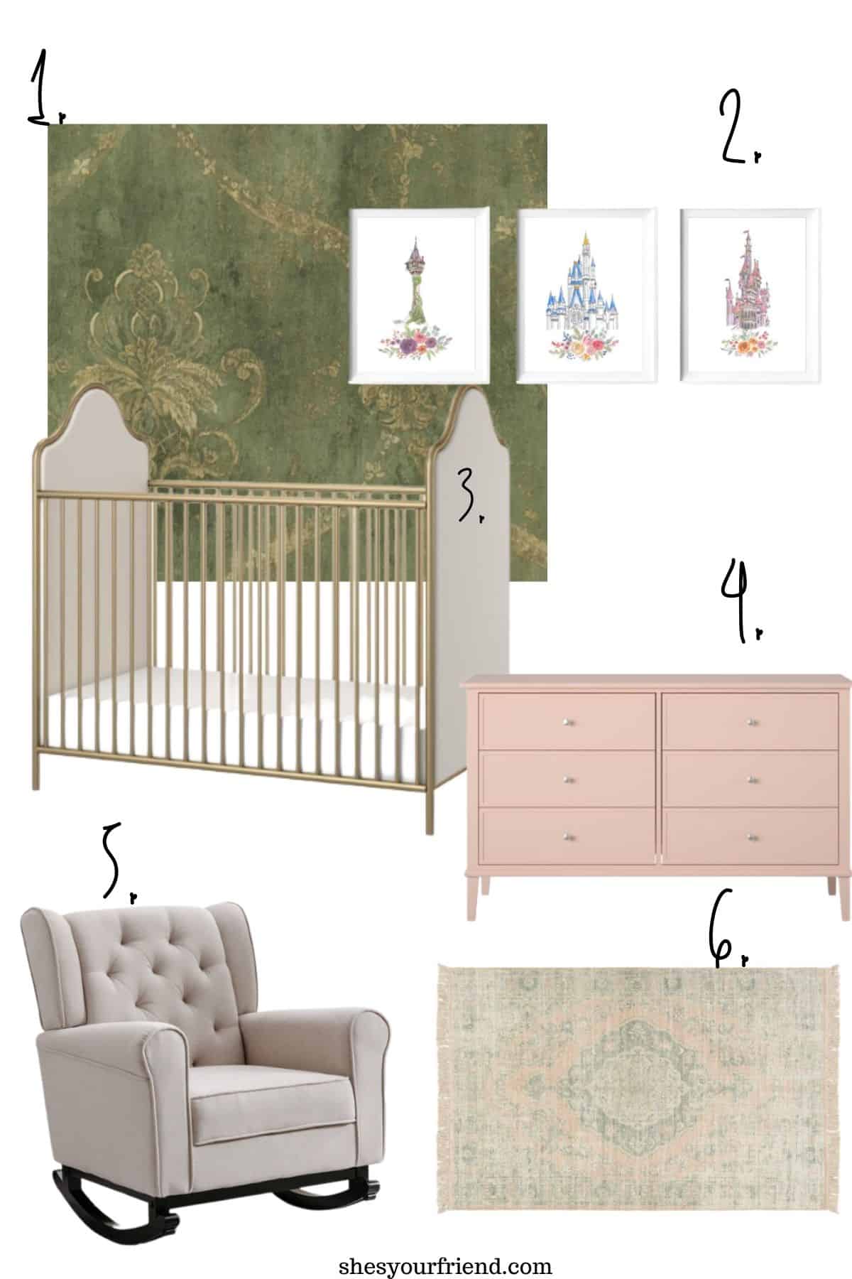 collage of nursery items including a crib a chair dresser rug and wallpaper