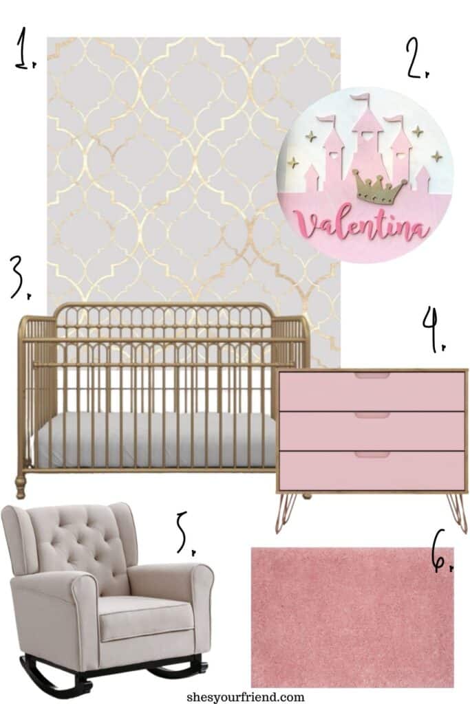 collage of nursery furniture and decor for a princess room