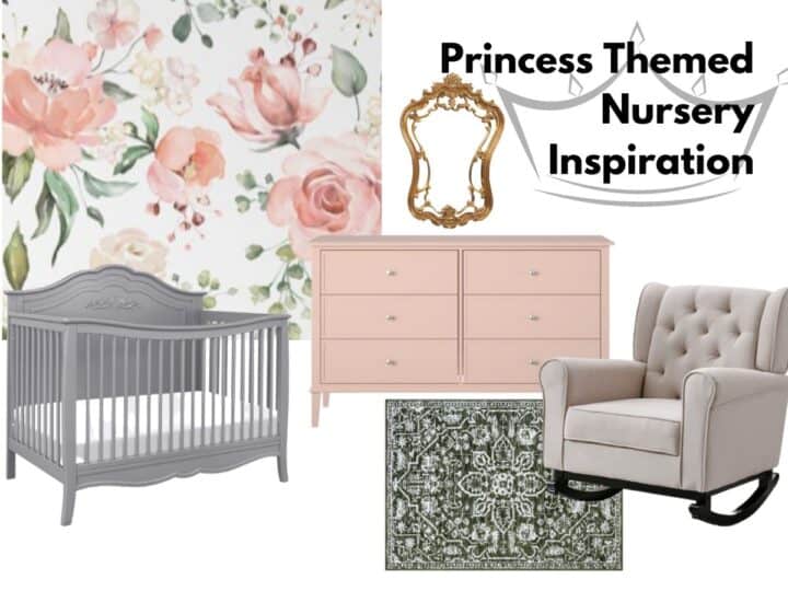 collage of wallpaper crib mirror dresser rocker and area rug with text overlay that reads princess themed nursery inspiration