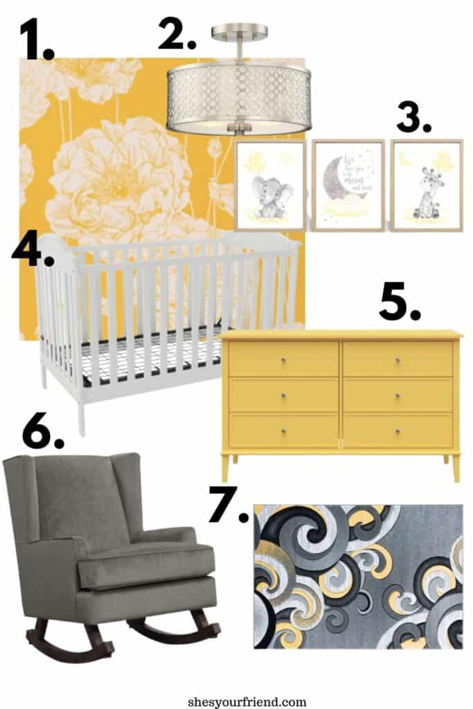 collage of seven different nursery decor items including a crib ceiling light fan a recliner a rug dresser wallpaper and wall art