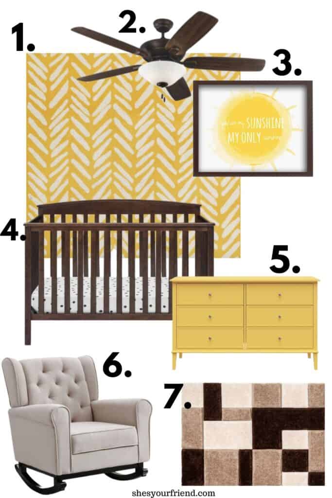 collage of yellow wallpaper ceiling light fan wall art crib recliner dresser and an area rug