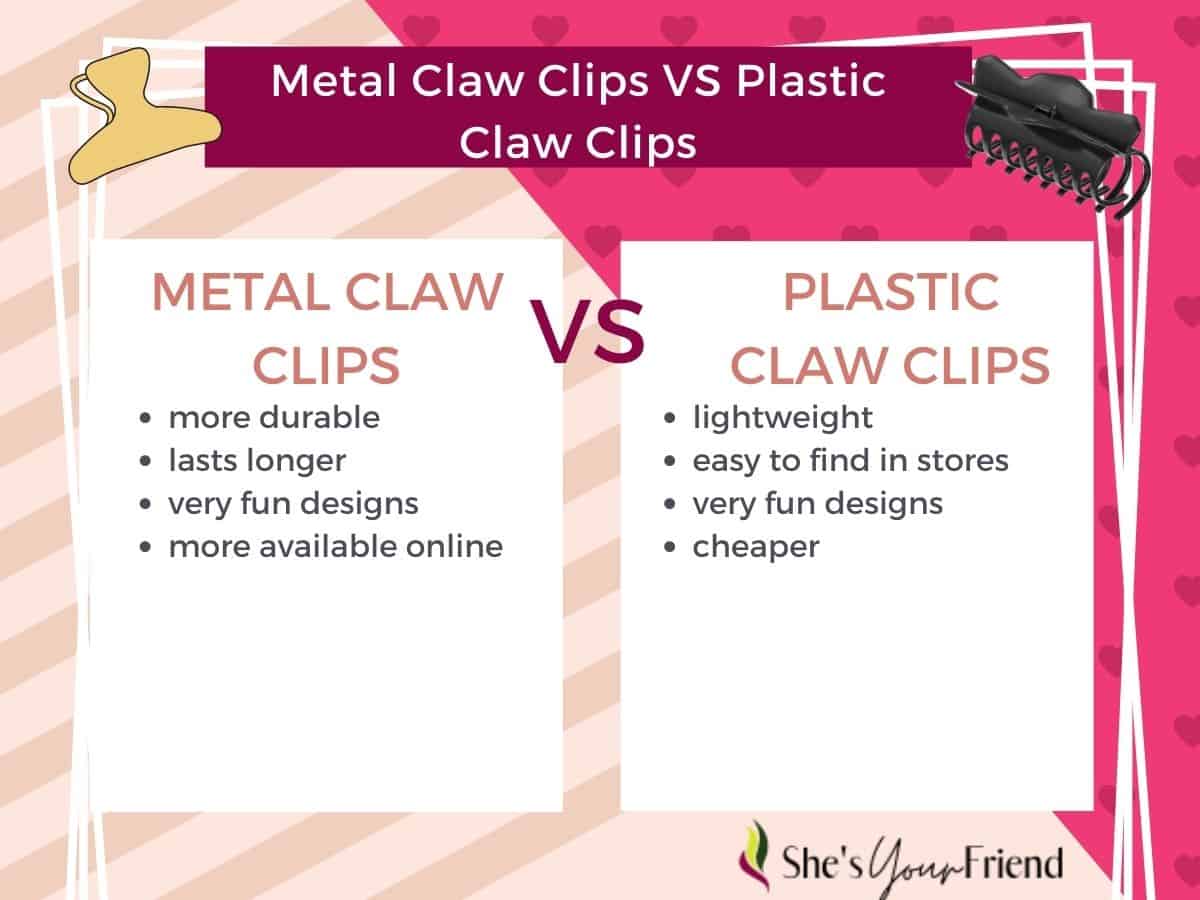 infographic showing metal hair claw clips versus plastic claw clips