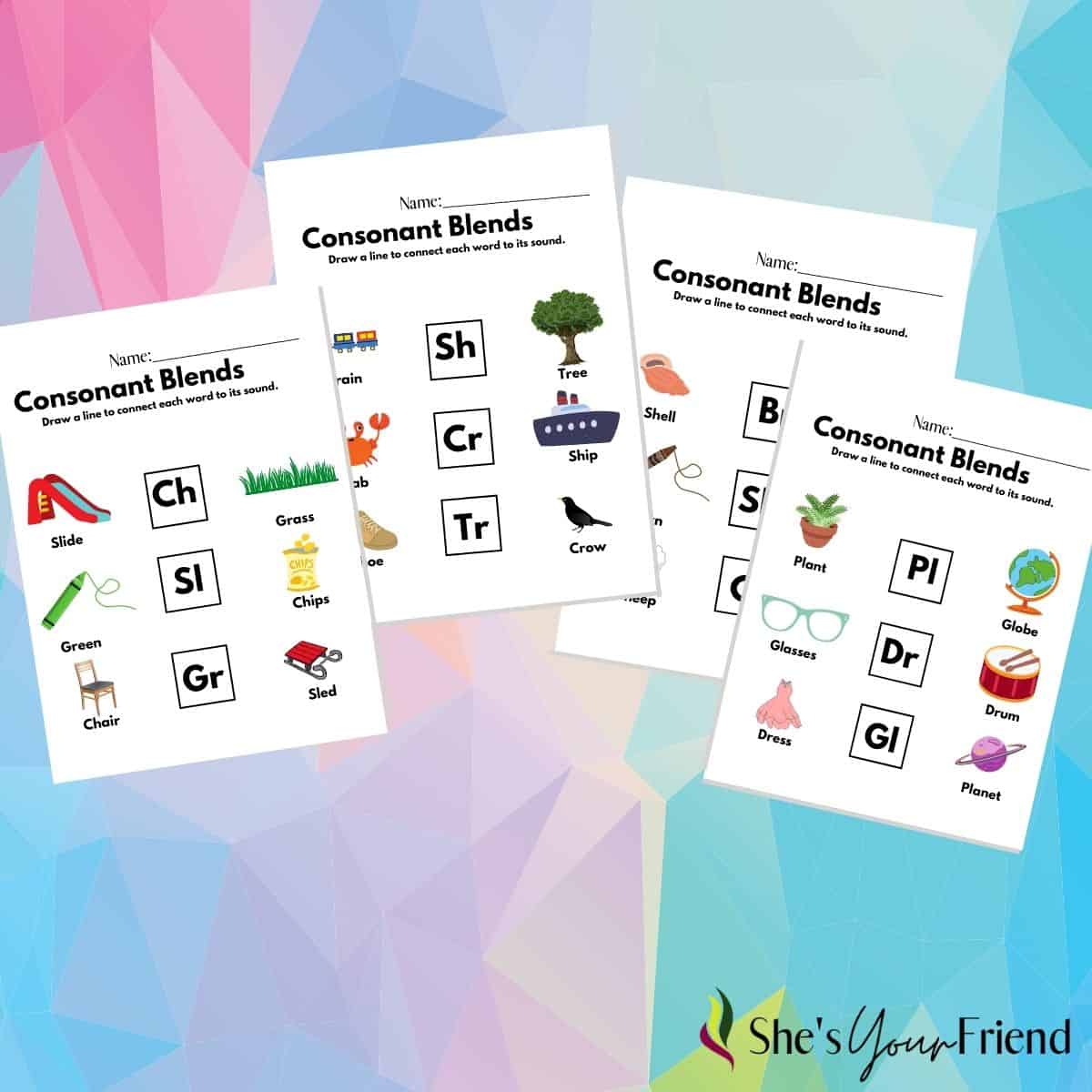 four printable worksheets about consonant blends for kids
