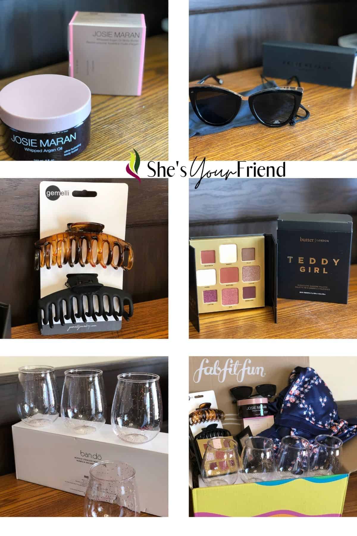 collage of six images showing the contents of a fabfitfun spring box