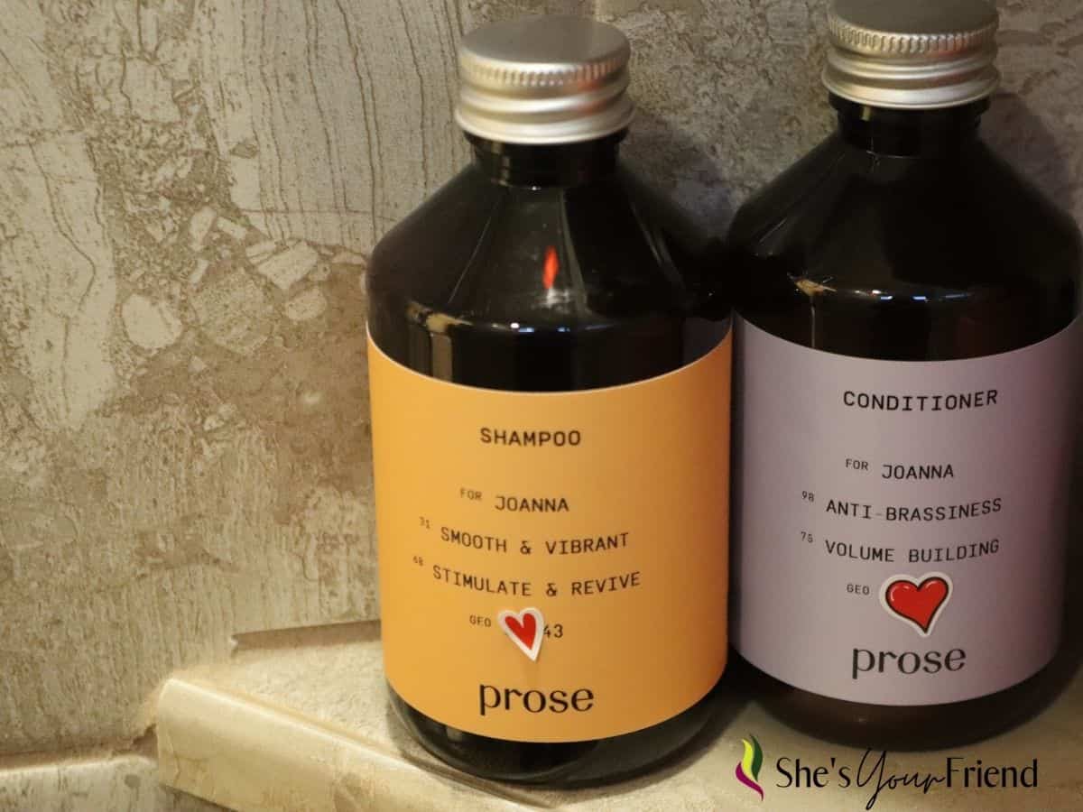 a bottle of Prose shampoo and a bottle of Prose purple conditioner