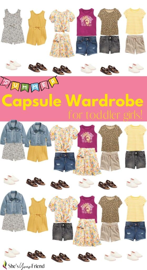 collage of different capsule wardrobe outfits for girls with text overlay that reads summer capsule wardrobe for toddler girls