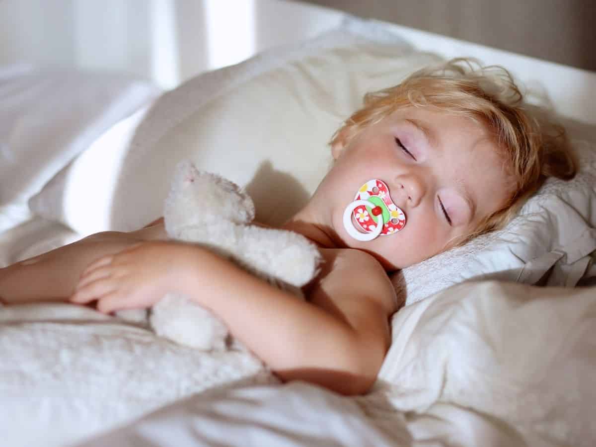 a toddler boy napping with his pacifier and stuffed animal