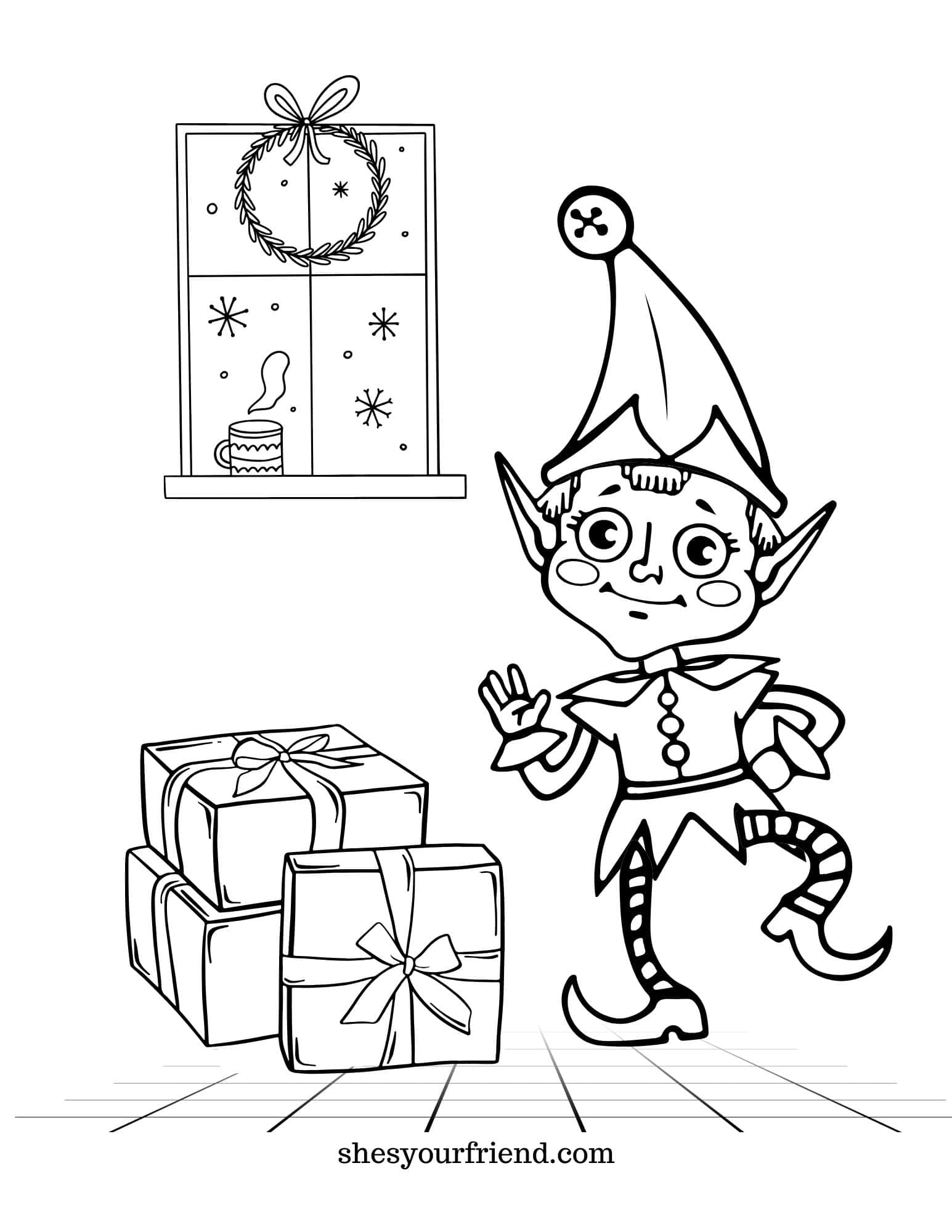 a coloring page with an elf presents and a window with a wreath and some hot cocoa
