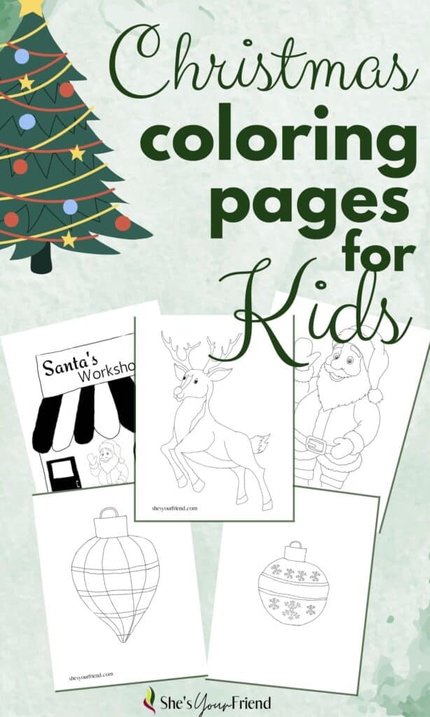 five coloring pages with text overlay that reads Christmas coloring pages for kids