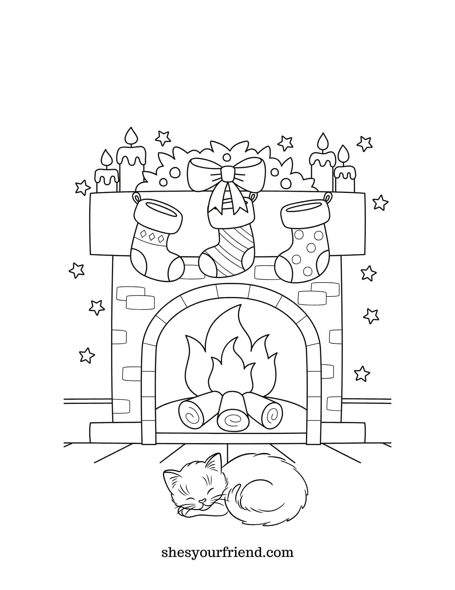 a coloring page with a kitten sleeping by the fireplace