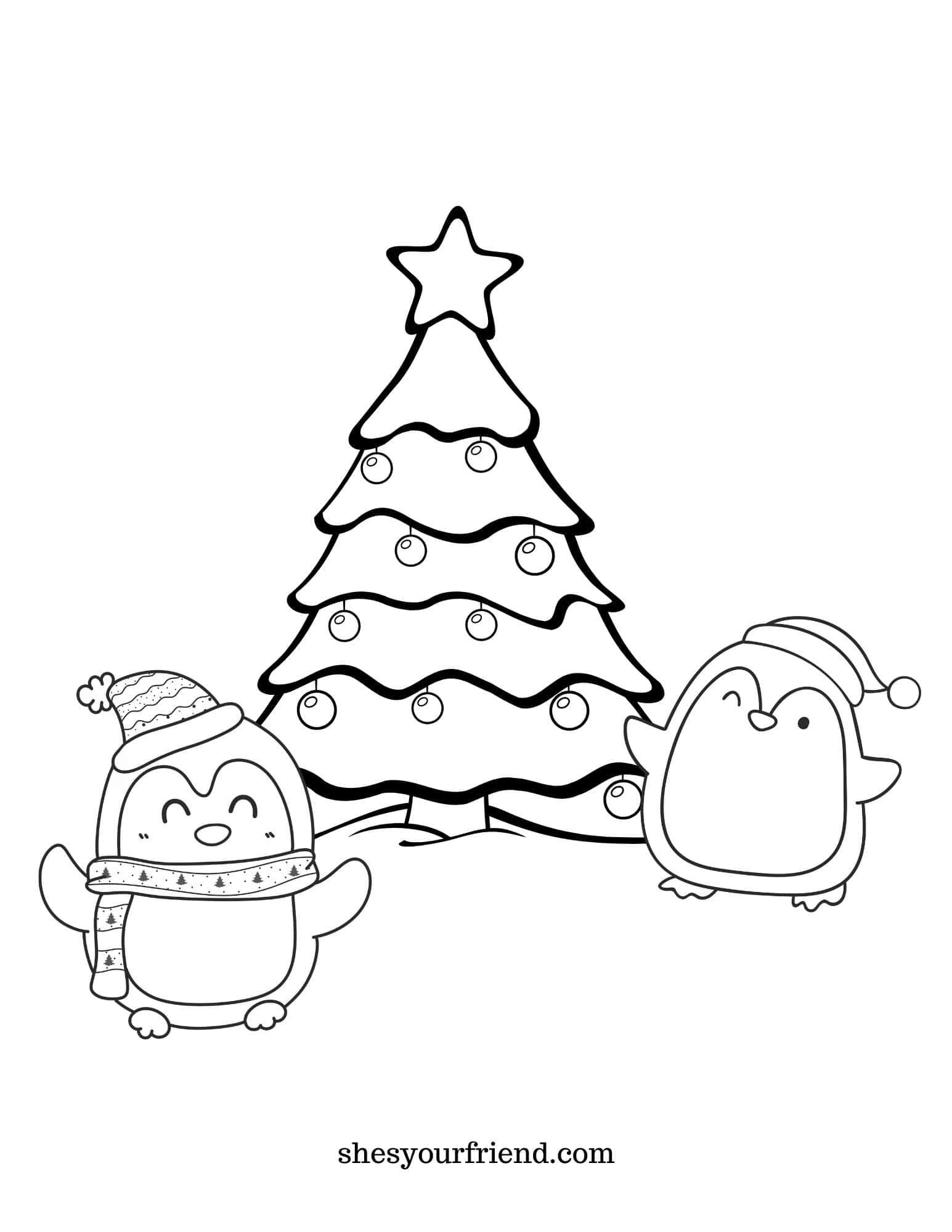 a coloring page with two penguins by a christmas tree